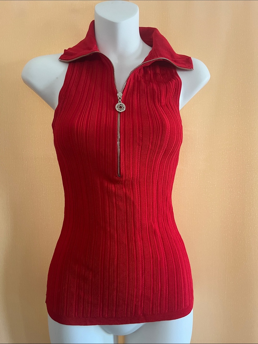 White House Black Market Red Ribbed Zip-Neck Muscle Tee